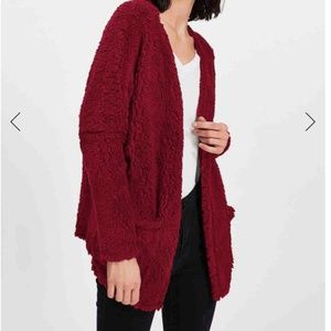 SHEIN Open Front Teddy Coat BURGANDY